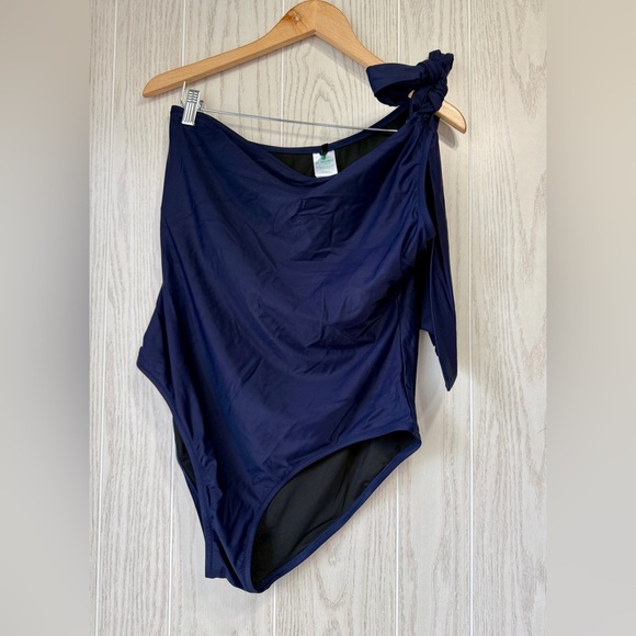 J. Crew Re-Imagined Blue Bow-Tie One-Shoulder One-Piece Swimsuit Size 18 - Picture 3 of 4